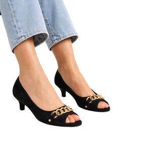 Aerosoles Heelrest Black Suede Open Toe Gold Chain Detail Kitten Heels Size 8.5